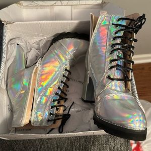 Holographic, heeled booties.